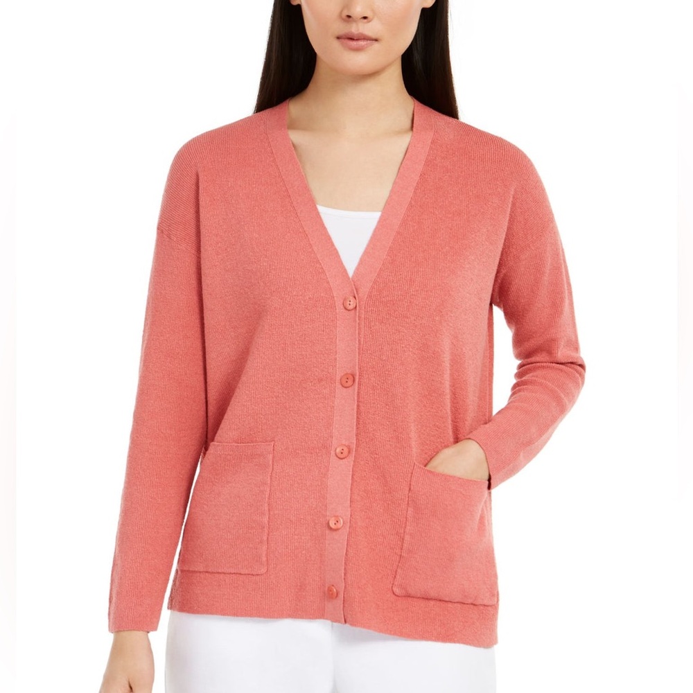 EILEEN FISHER Womens Coral Pocketed Long Sleeve Open Cardigan Sweater Small